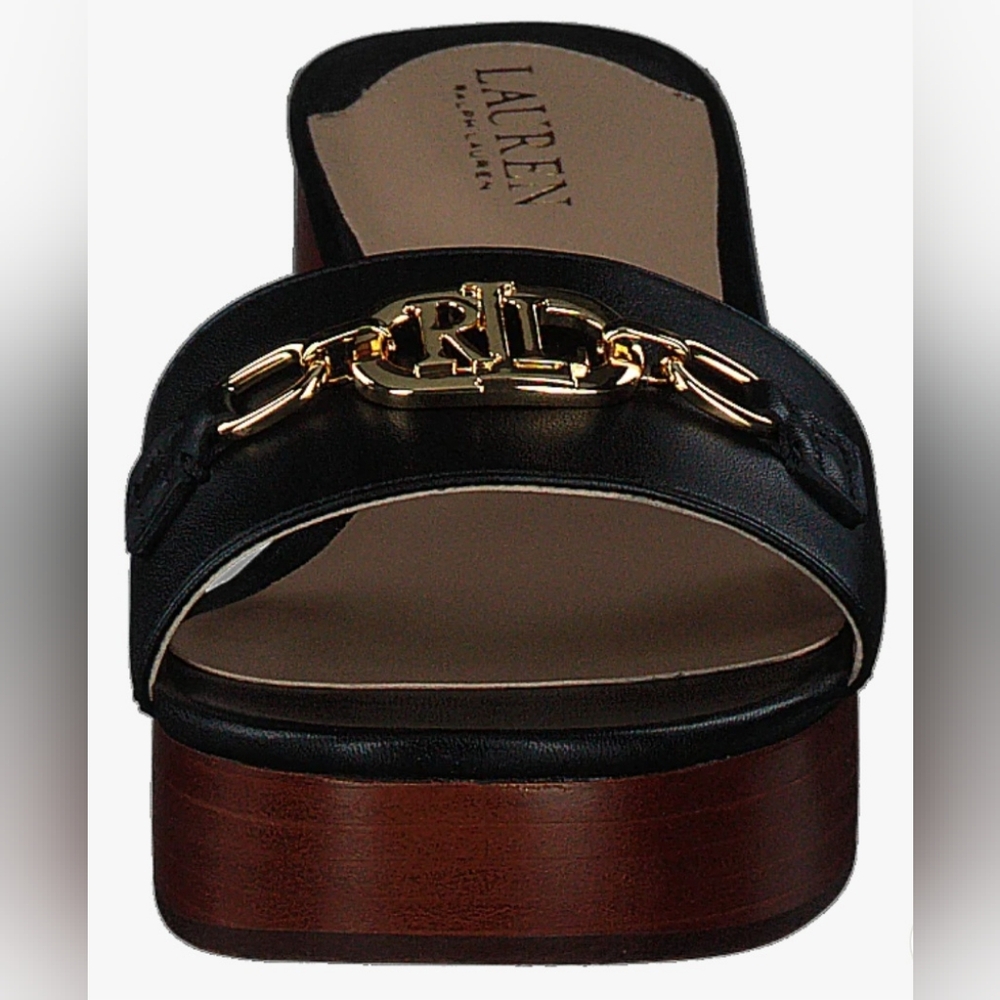 Lauren Ralph Lauren Black Leather Slide with Gold Chain Detail